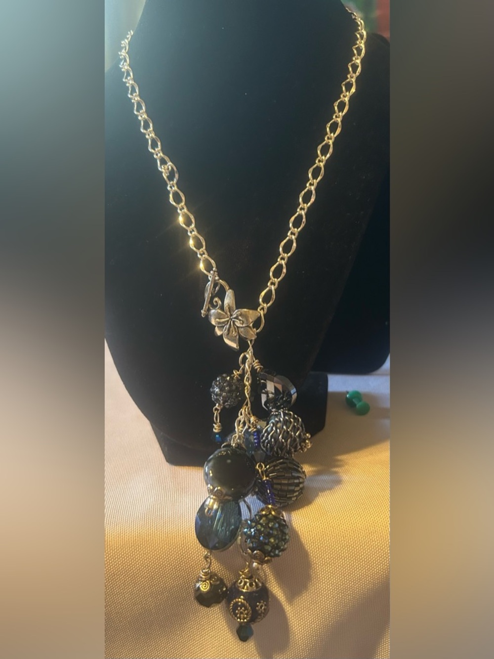 Silver Tone Chain Necklace with Blue Bead Cluster Pendant and Flower Charm